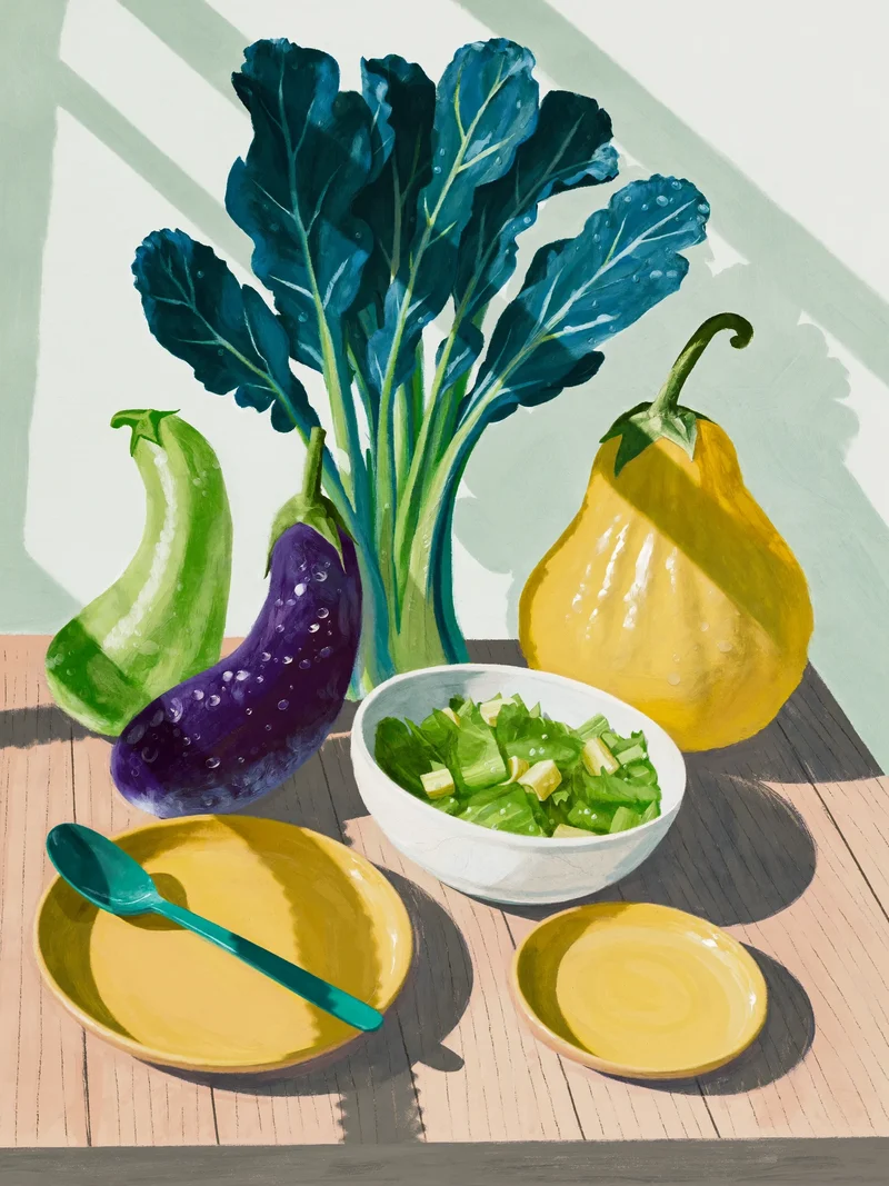 Stillleben mit Saisonzutaten, KI-generierte Illustration